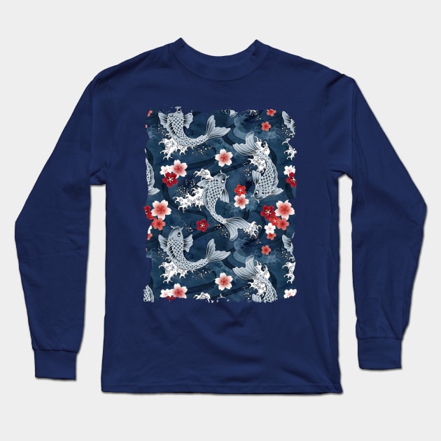 Koi sakura blossom in blue Long Sleeve T-Shirt by adenaJ